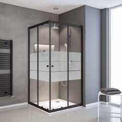 Description générale Cabine de douche avec accès d'angle droit, équipée de portes coulissantes, profilés noirs et verre trans ...