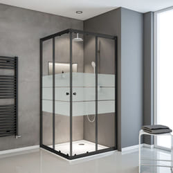Schulte - Accès d'angle droit avec portes de douche coulissantes, 75 x 90 - 75 x 90 cm x 180 cm, verre 4 mm, Sunny profilé noir, décor rayures