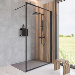 Paroi de douche fixe à l'italienne, verre 6 mm transparent anticalcaire, Walk In, profilé noir, sérigraphie cadre noir, 100 x 200 cm