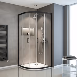Description générale Cabine de douche avec accès d'angle arrondi et portes coulissantes en profilé alu noir mat. Conçue pour  ...