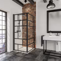 Description générale Porte de douche pivotante avec paroi de retour fixe, profilé noir et verre sérigraphié. Idéale pour les  ...