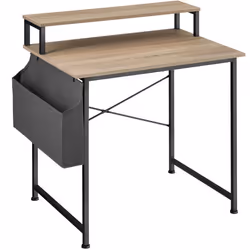 Bureau - TECTAKE - Table de bureau EVERETT en bois et acier avec étagère de rangement et sac en tissu - Bois clair