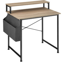 Bureau - TECTAKE - Table de bureau EVERETT en bois et acier avec étagère de rangement et sac en tissu - Bois clair