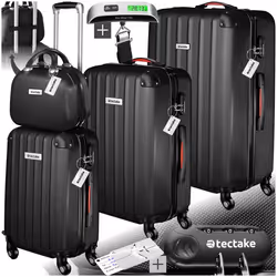 Set de valises rigides 4 pièces, 3 Trolleys, 1 Vanity case, Balance et étiquette bagages inclus noir