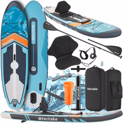 TECTAKE Planche de stand-up paddle Zenon, 2 en 1, gonflable, kit complet - turquoise/orange