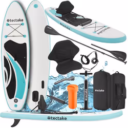 TECTAKE Planche de stand-up paddle Zenon, 2 en 1, gonflable, kit complet - blanc/turquoise