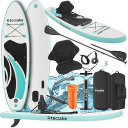 TECTAKE Planche de stand-up paddle Zenon, 2 en 1, gonflable, kit complet - blanc/turquoise