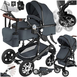 Poussette combinée 2-en-1 pliable avec harnais à 5 points, frein, arceau de sécurité et dragonne  gris anthracite