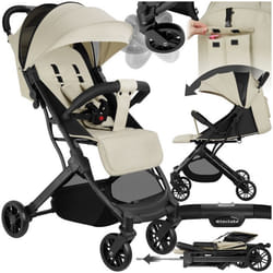 Poussette buggy pliage à une main avec harnais à 5 points, frein de stationnement et arceau de sécurité  gris/beige