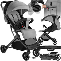 Poussette buggy pliage à une main avec harnais à 5 points, frein de stationnement et arceau de sécurité  gris