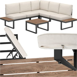 Ensemble de salon de jardin avec cadre en aluminium laqué époxy surfaces de rangement en aspect bois, accoudoir d'angle réglable