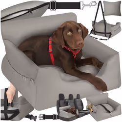 Siège auto pour chien avec une laisse de sécurité et 2 sangles de fixation réglables en longueur  gris