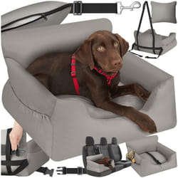 Siège auto pour chien avec une laisse de sécurité et 2 sangles de fixation réglables en longueur  gris
