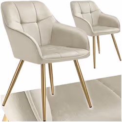 Chaises - TECTAKE - Lot de 2 fauteuils de salle à manger MARYLIN aspect velours avec pieds en acier doré - Crème/Or