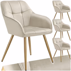 Chaises - TECTAKE - Lot de 4 fauteuils de salle à manger MARYLIN aspect velours avec pieds en acier doré - Crème/Or