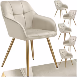 Chaises - TECTAKE - Lot de 6 fauteuils de salle à manger MARYLIN aspect velours avec pieds en acier doré - Crème/Or