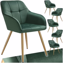 Chaises - TECTAKE - Lot de 6 fauteuils de salle à manger MARYLIN aspect velours avec pieds en acier doré - Vert/Or