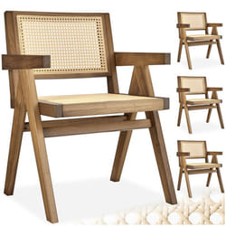 Chaises de salle à manger - TECTAKE - Lot de 4 fauteuils LISSY style boho avec cannage viennois en bois et accoudoirs - Chêne clair