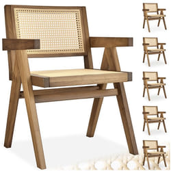 Chaises de salle à manger - TECTAKE - Lot de 6 fauteuils LISSY style boho avec cannage viennois en bois et accoudoirs - Chêne clair