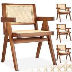 Chaises de salle à manger - TECTAKE - Lot de 4 fauteuils LISSY style boho avec cannage viennois en bois et accoudoirs - Chêne foncé