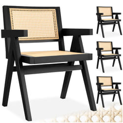 Chaises de salle à manger - TECTAKE - Lot de 4 fauteuils LISSY style boho avec cannage viennois en bois et accoudoirs - Noir