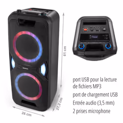 MEDION Enceinte - P61468 - Radio PLL-FM - Bluetooth 5.0 - LED - X-Bass - microphone inclus - 2 x 22 W RMS - Noir