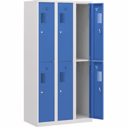 Vestiaire à deux étages Amsterdam, 3 compartiments, largeur 900 mm, 6 cases, gris clair / bleu clair. Produit livré = monté.  ...