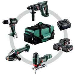 Kit d'outils sans fil Combo pour l'artisanat du bâtiment Metabo 4.3SB 18 LT BL + W 18 L 9-125 Quick + KH 18 LTX 24 + STA 18 LTX 100 Pochette à outils