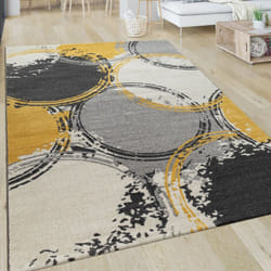 Paco Home - Tapis Salon Motif Moderne Poils Ras Abstrait Cercles Jaune Gris Blanc 80x300 cm