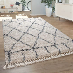 Paco Home - Salon Tapis Shaggy Poils Longs Moderne Motif à Losanges Carreaux Crème Bleu 60x100 cm