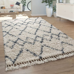Paco Home - Shaggy Tapis Salon Poils Longs Moderne Motif à Carreaux Losanges Crème Bleu 200x290 cm