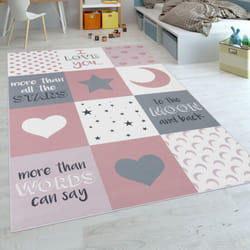 Paco Home - Tapis Chambre Enfant Filles Curs Étoiles Lune Inscription Rose Gris 180x280 cm