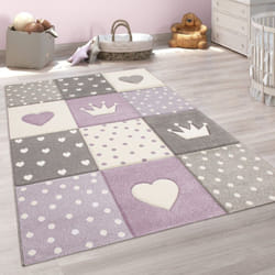 Paco Home - Tapis Enfant Chambre Enfant Carreaux Pois Cœurs Étoiles Pastel Violet Gris 140x200 cm