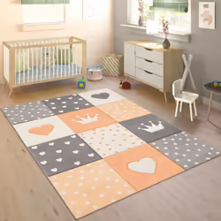 Tapis Enfant Chambre Enfant Carreaux Pois Cœurs Étoiles Abricot Pastel Gris [80x150 cm]
