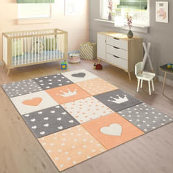 Tapis Enfant Chambre Enfant Carreaux Pois Cœurs Étoiles Abricot Pastel Gris [80x150 cm]