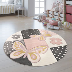 Paco Home - Tapis Chambre Enfant Couleurs Pastel Papillon Motif Carreaux Pois Fleurs Coloré 120 cm rond