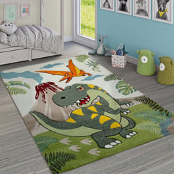 Paco Home Tapis Chambre Enfant Adorable Dinosaures Jungle Volcan Effet 3-D Poils Ras Vert 133 cm carré
