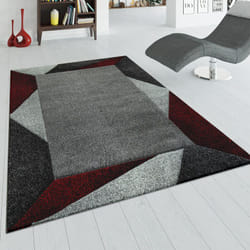 Paco Home - Tapis De Salon Moderne à Poils Ras Effet 3D Bordure Géométrique Rouge Gris 80x300 cm