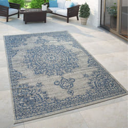 Paco Home - Tapis Extérieur Bleu Beige Design Oriental Fleurs Motif Balcon Salon 80x150 cm