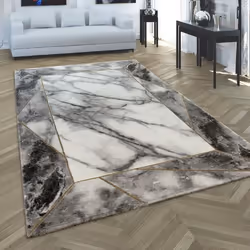 Tapis de salon gris bordure dorée 3-D motif marbré motif marbré durable à poil court [120x170 cm]