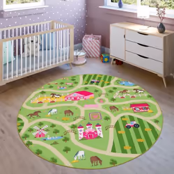 Tapis pour enfants Tapis de jeu pour chambres denfants Paysage et chevaux En vert Ø 160 cm rond