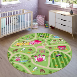 Tapis pour enfants Tapis de jeu pour chambres denfants Paysage et chevaux En vert Ø 160 cm rond