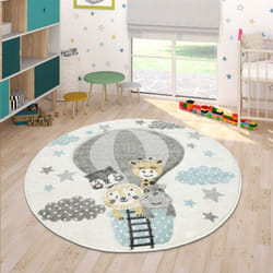 Paco Home - Tapis Chambre Enfant Adorable Montgolfière Nuages Joyeux Animaux Pastel En Crème 160 cm rond