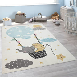 Paco Home - Tapis Pour Enfant, Poils Ras Pour Chambre D'Enfant, Éléphant, Ours, Montgolfière, Lune, Beige 80x150 cm