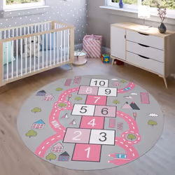 Tapis Pour Enfant Chambre DEnfant Tapis De Jeu Motif Rues Marelle Rose [Ø 160 cm rond]