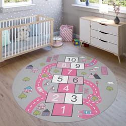 Tapis Pour Enfant Chambre DEnfant Tapis De Jeu Motif Rues Marelle Rose [Ø 160 cm rond]