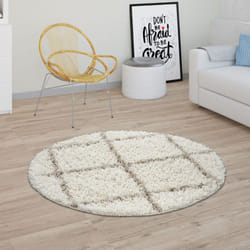 Paco Home - Tapis Salon Poils Longs Shaggy Design Scandinave Avec Motif Losanges, Moderne Beige 120 cm rond