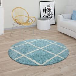 Paco Home - Tapis De Salon Poils Longs Shaggy Motif Losanges Scandinave Moderne Turquoise 200 cm rond