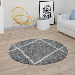 Paco Home - Tapis Poils Longs Salon Shaggy Motif Losanges Scandinave, Moderne Gris 200 cm rond