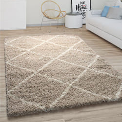 Paco Home - Tapis De Salon Poils Longs Shaggy Motif Losanges Scandinave Moderne Beige 150 cm carré